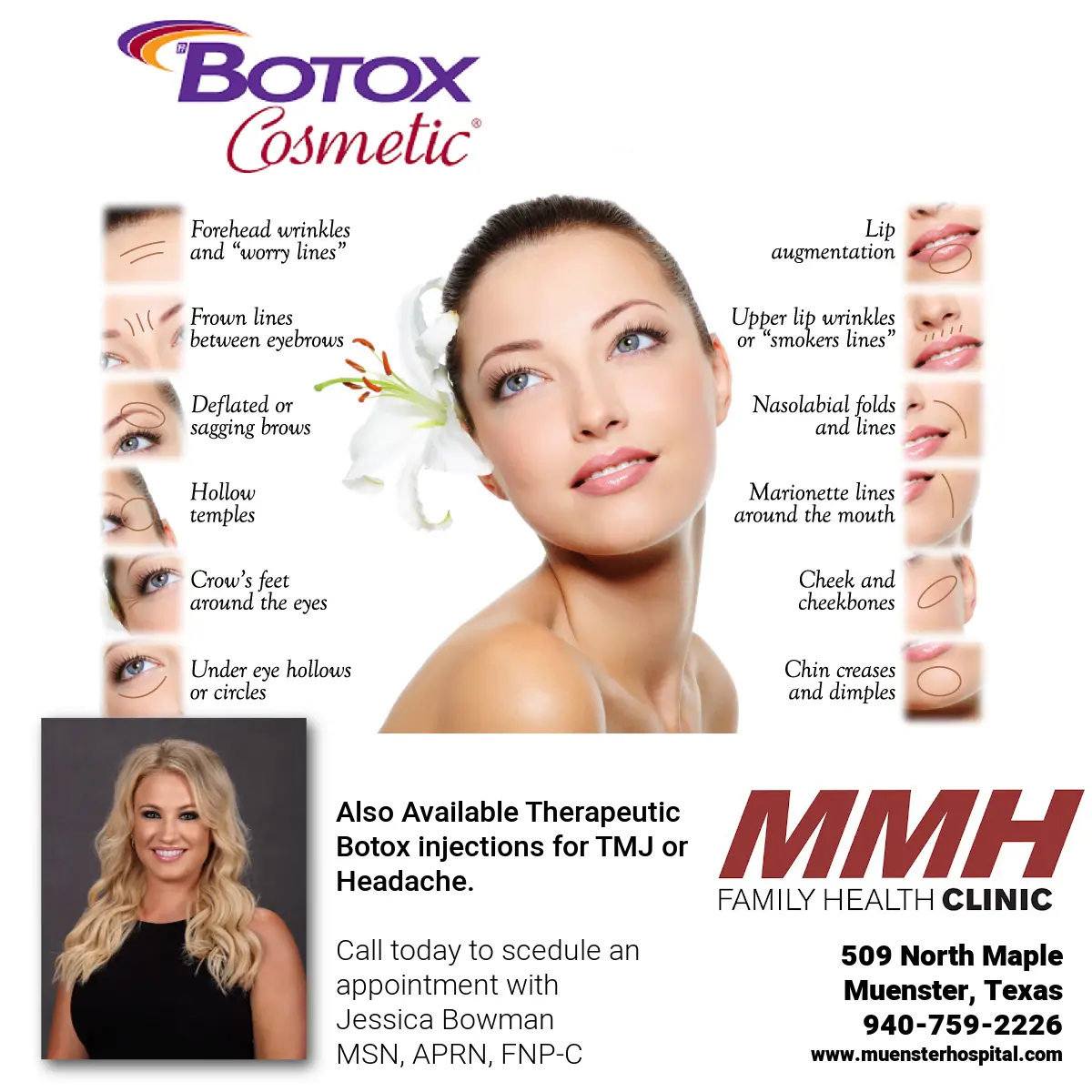 Woman smiling with Botox Cosmetic information.